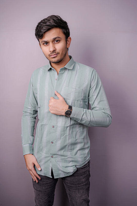 Men’s Pastel Sage Green Cotton Shirt with Jacquard-Inspired Vertical Patterns