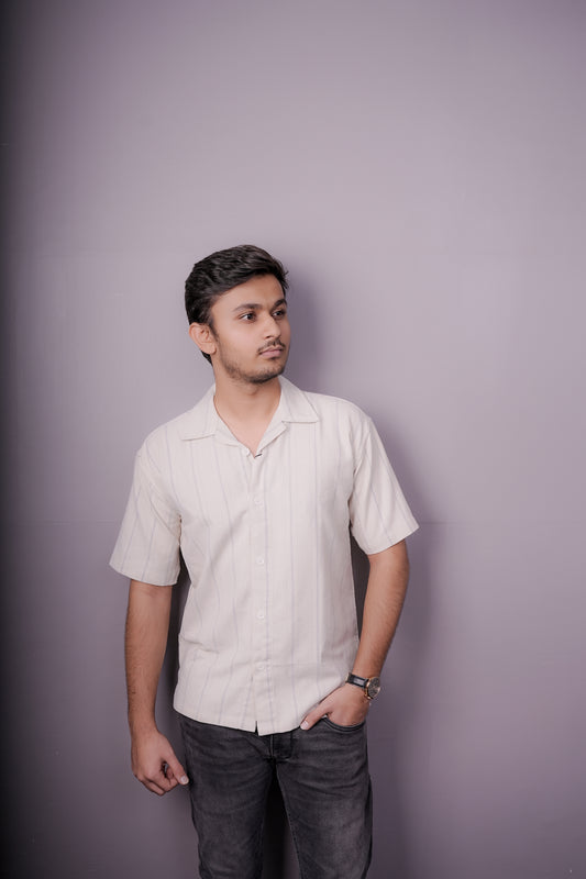 Men’s Off-White Cotton Linen Shirt with Subtle Vertical Stripes