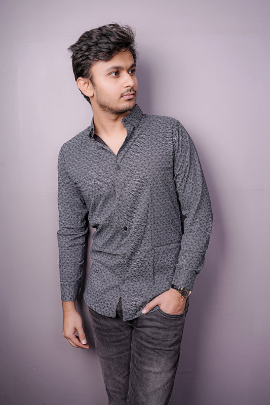 Men’s Black & Grey Geometric Patterned Shirt – Premium Cotton Blend