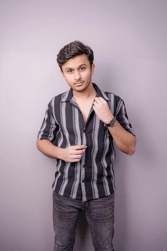 “Midnight Mirage” Waffle Weave Vertical Stripe Shirt – Sleek. Structured. Statement.