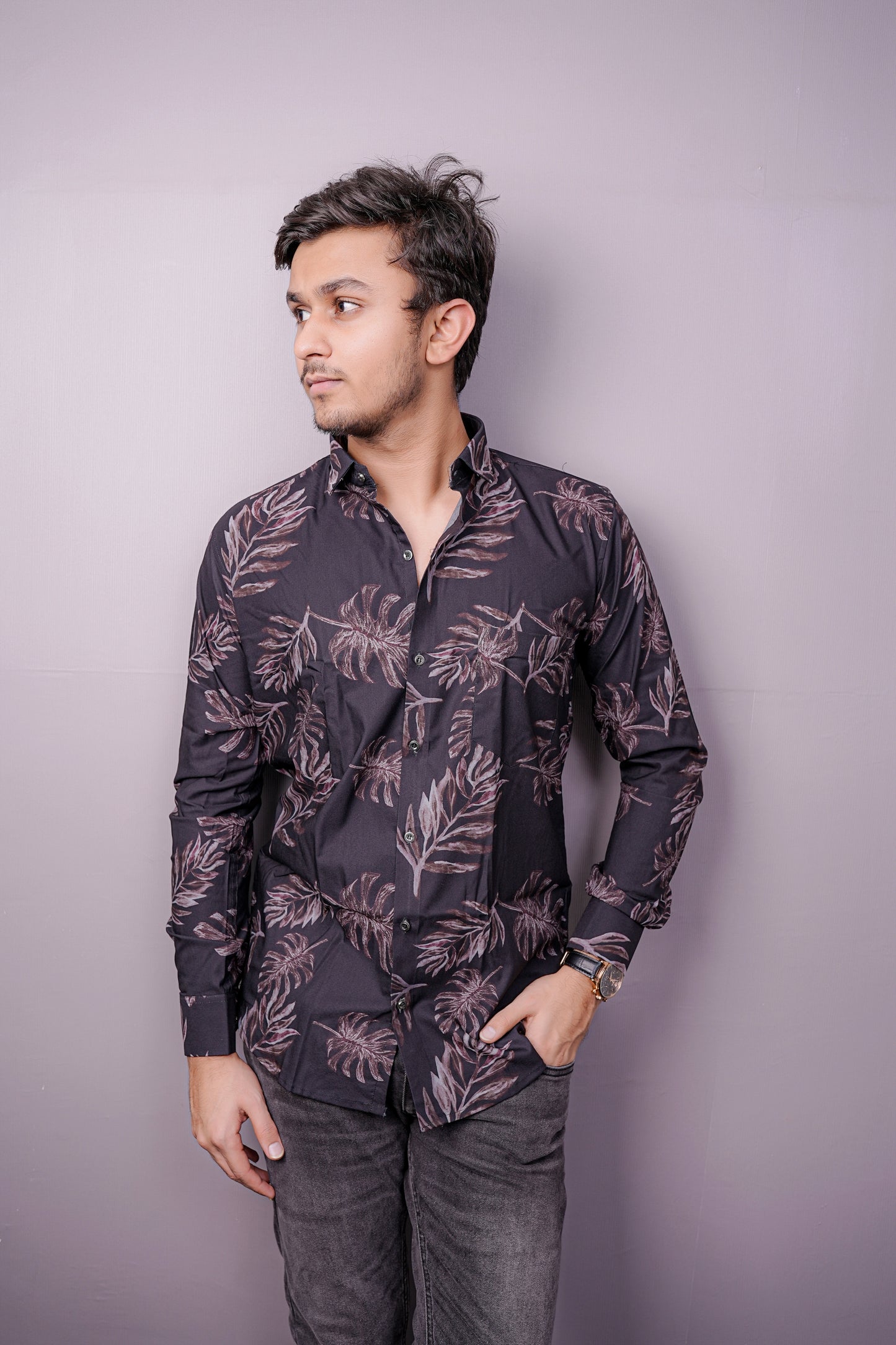 "Twilight Tropic" Satin Touch Printed Shirt – Dark. Sleek. Statement.