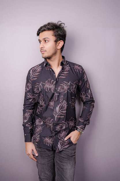 "Twilight Tropic" Satin Touch Printed Shirt – Dark. Sleek. Statement.