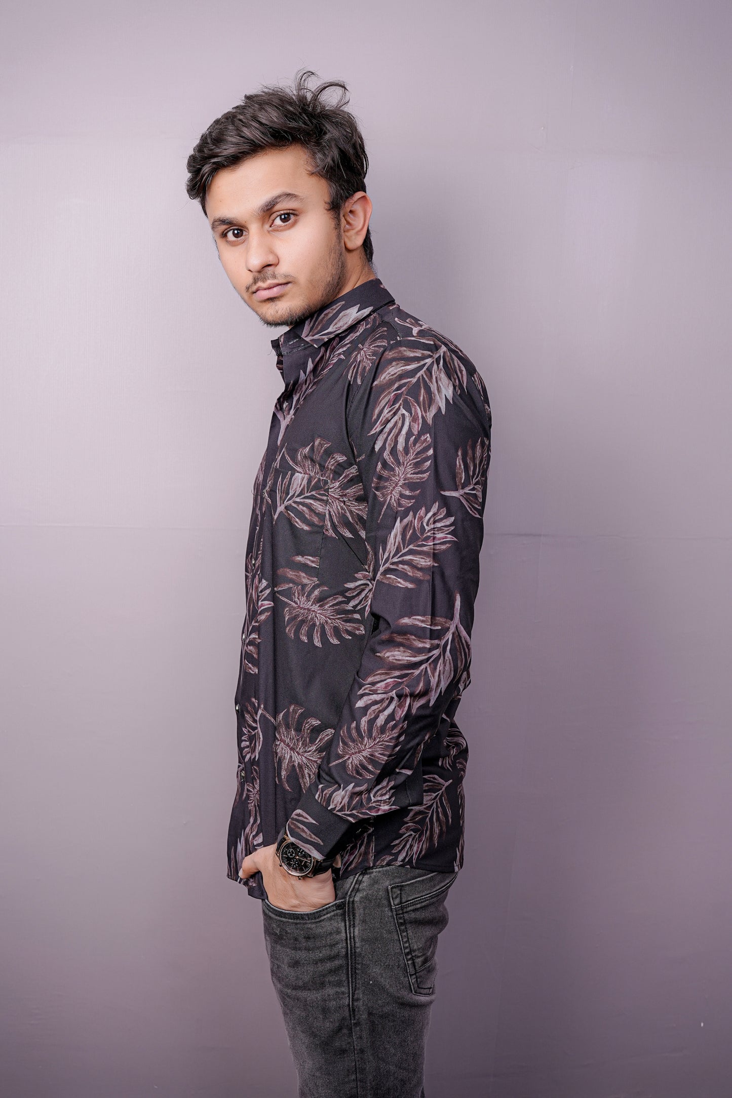 "Twilight Tropic" Satin Touch Printed Shirt – Dark. Sleek. Statement.