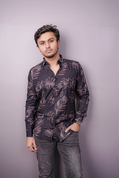 "Twilight Tropic" Satin Touch Printed Shirt – Dark. Sleek. Statement.