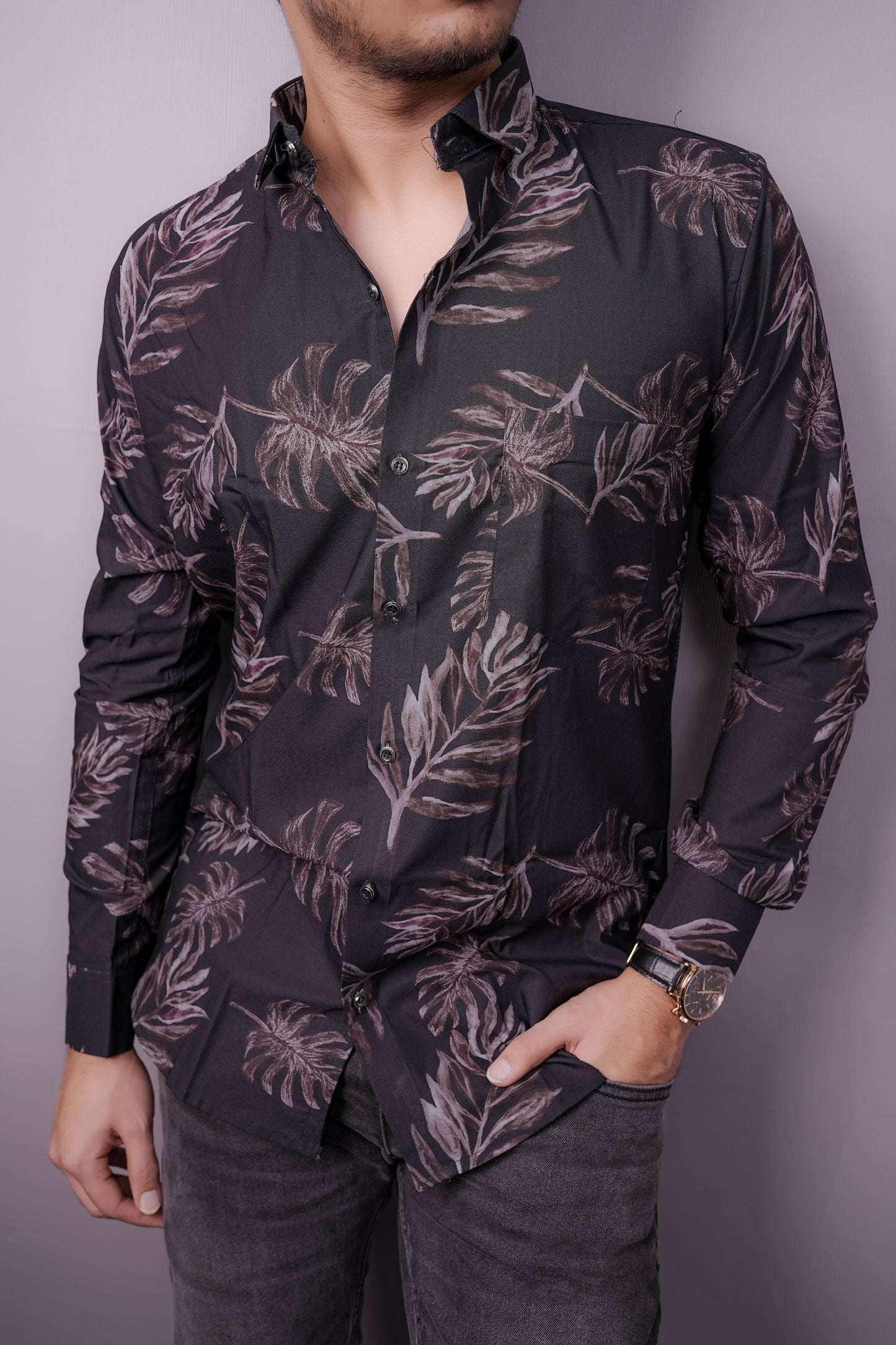 "Twilight Tropic" Satin Touch Printed Shirt – Dark. Sleek. Statement.