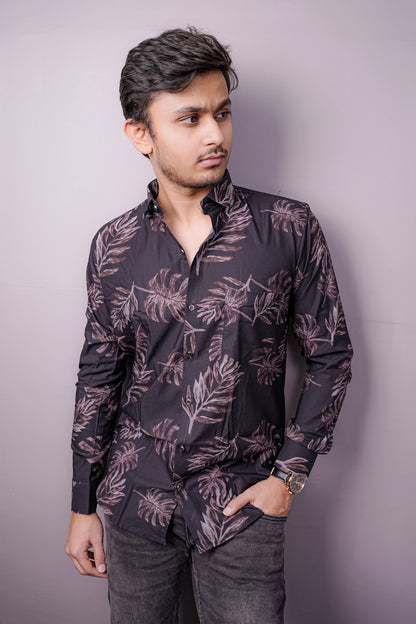 "Twilight Tropic" Satin Touch Printed Shirt – Dark. Sleek. Statement.