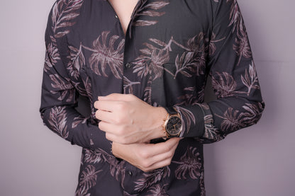 "Twilight Tropic" Satin Touch Printed Shirt – Dark. Sleek. Statement.
