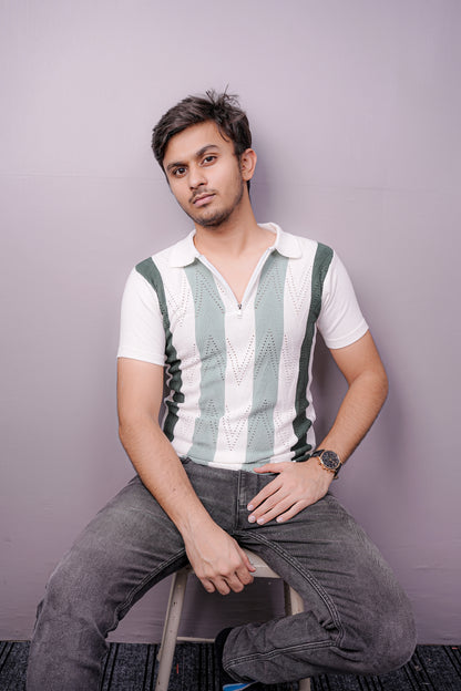 BreezePoint Geo-Knit Zipper Tee – Mint White Edition