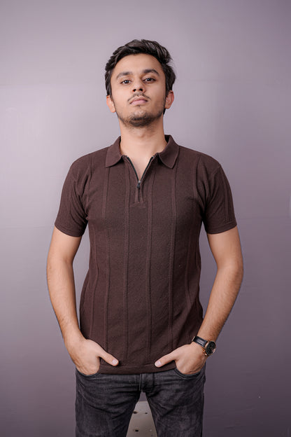 Cocoa Grid Textured Polo – Half Zip Edition