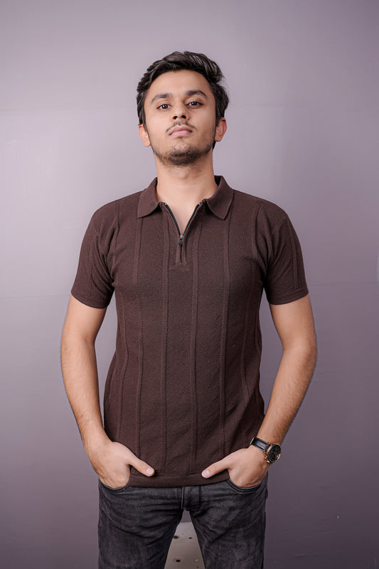 Cocoa Grid Textured Polo – Half Zip Edition
